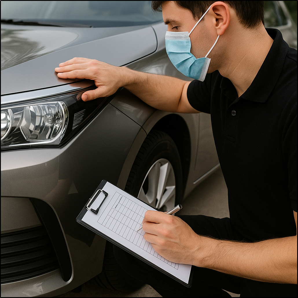 A young male inspector in a black polo examining a car to calculate the cost