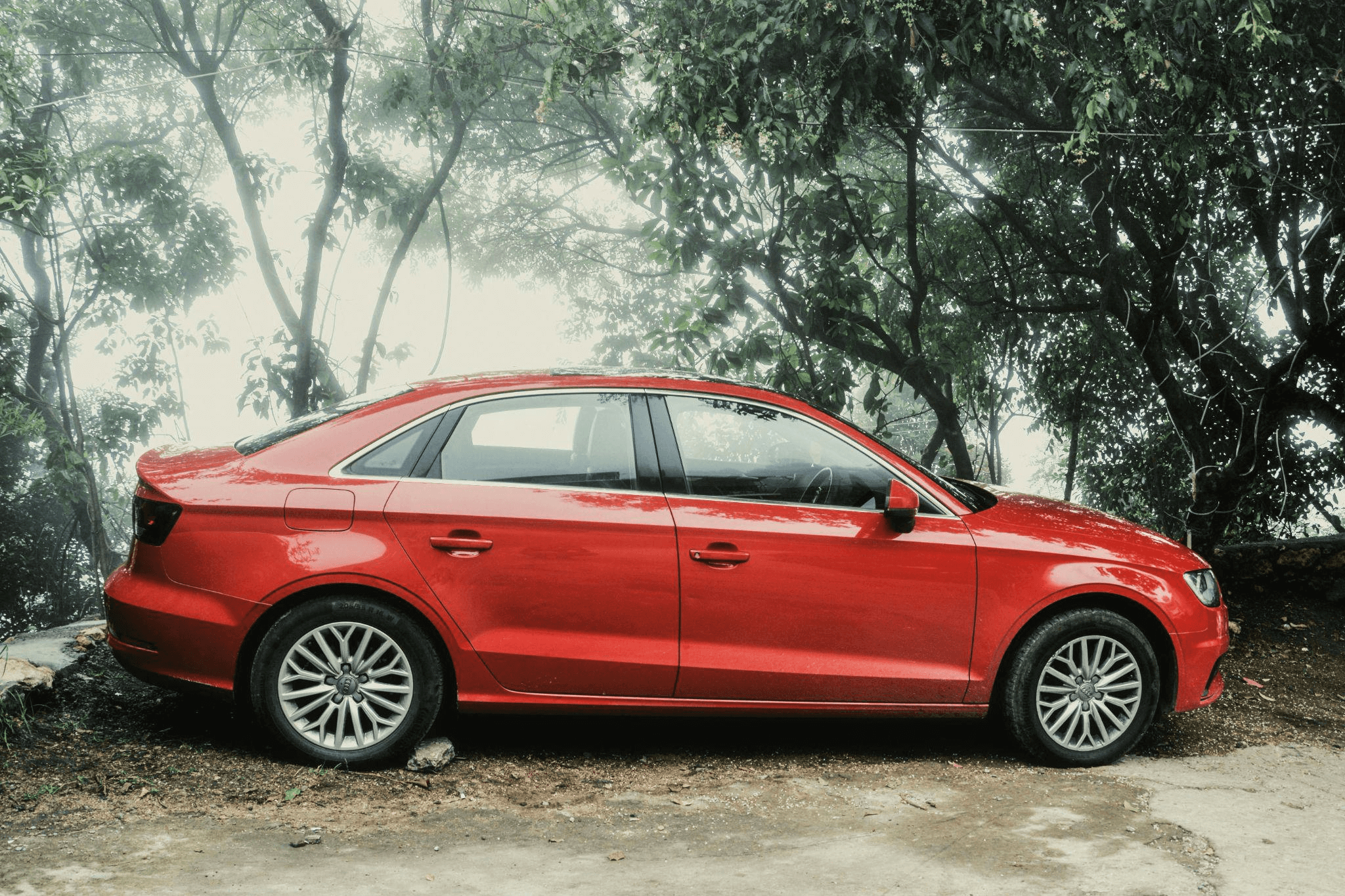 Red sedan parked on a tree-lined street in Dubai, showcasing a vibrant paint job and sleek design.